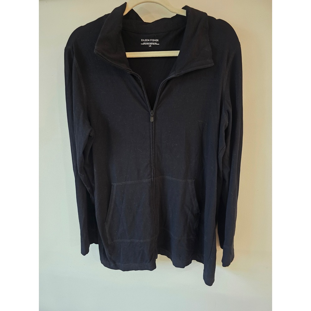 Eileen Fisher Womens Black Organic Cotton Lycra Full Zip Mock Neck Jacket L